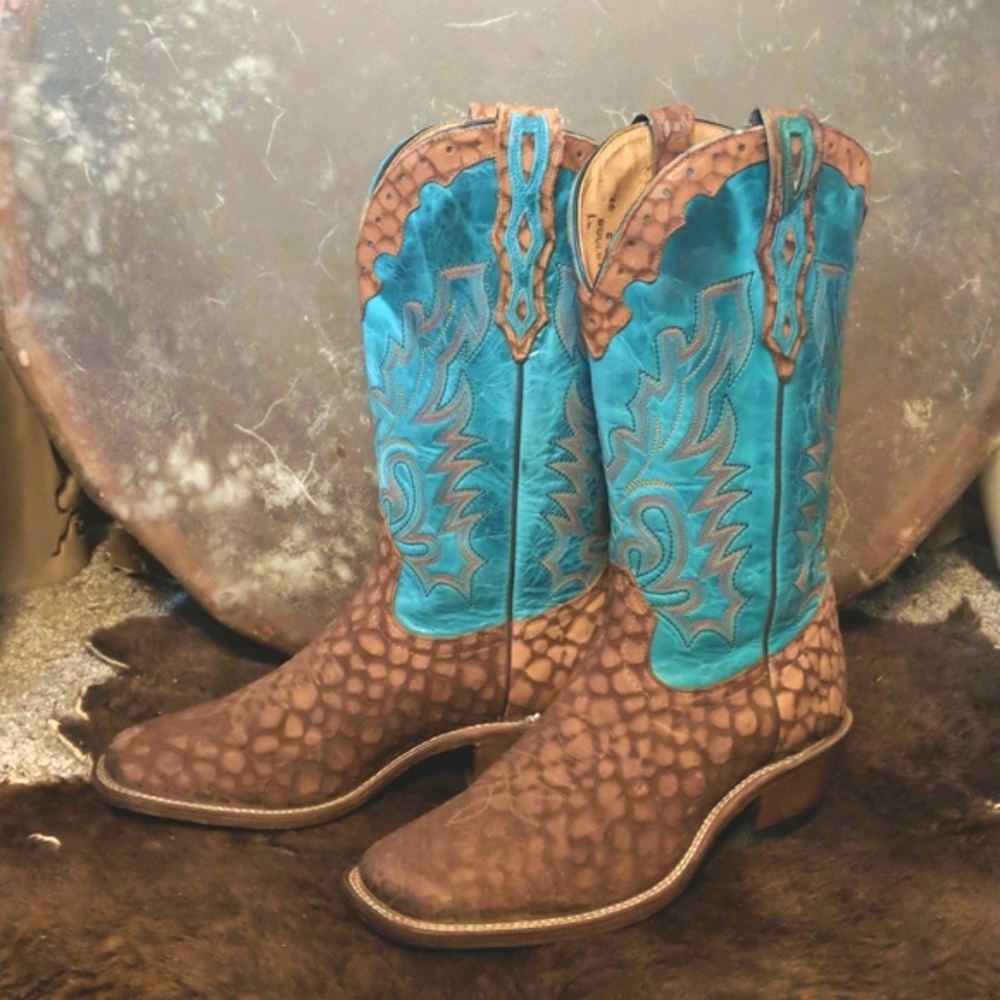 🐎BOULET🐎 #4249 Teal blue & Brown animal print cowgirl boots square toe sz 10